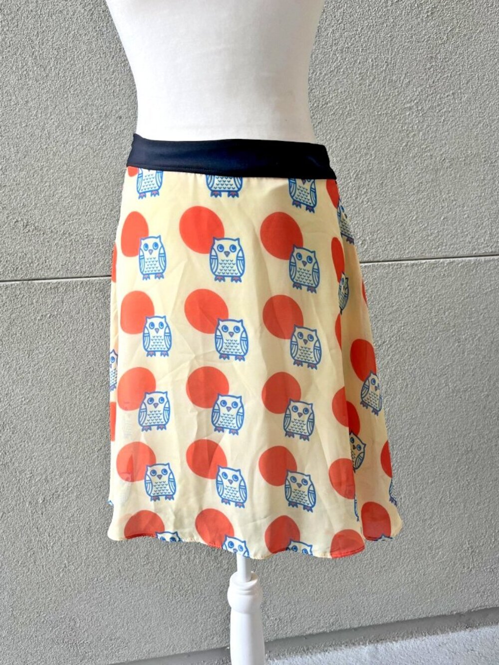 New Breed Yellow Owl Print Polka Dot A-Line Skirt Medium M 30" Waist Retro
